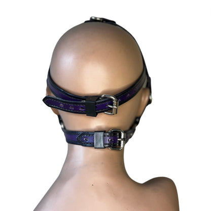 back adjustable purple leather straps of locking bit head harness on mannequin head