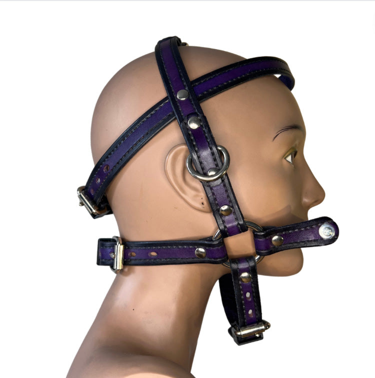 right side of purple leather locking bit head harness on mannequin head