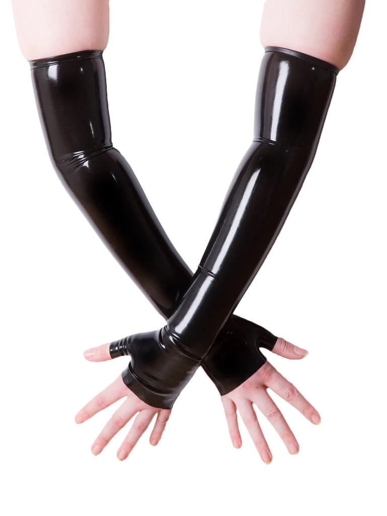 A model's arms and hands wearing the Latex Fingerless Long Seamless Gloves.