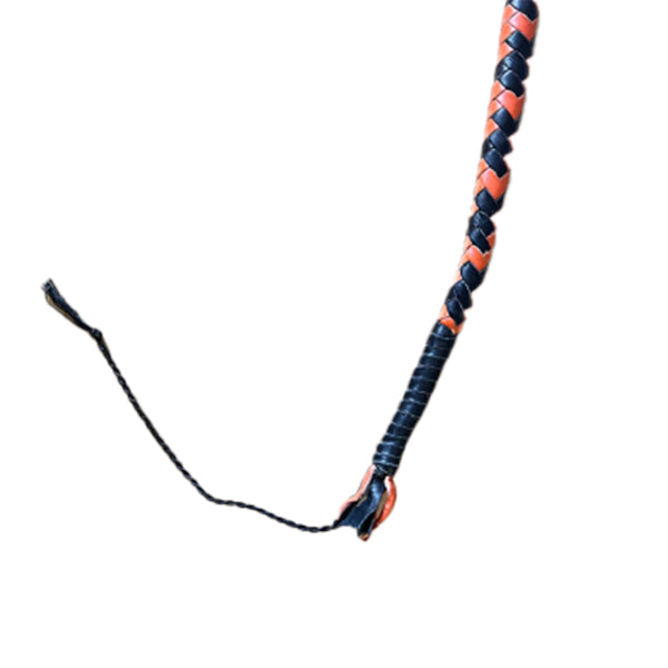 A close up of the tail of the orange and black braided single tail whip.