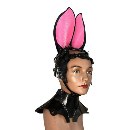 side/front angle of black bunny head harness