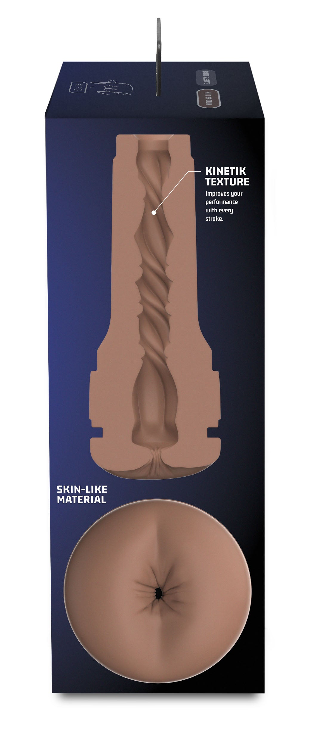 The left side of the packaging which shows a cross cut of the Mid Brown But Kiiroo Feel Stroker.