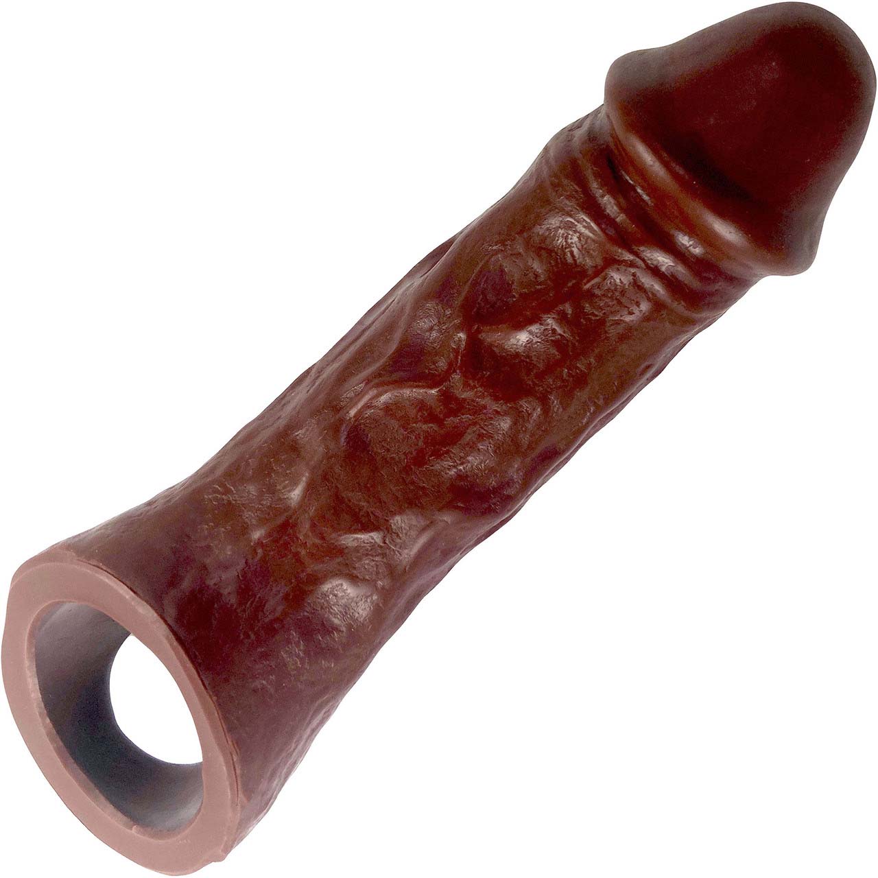The front of the chocolate Colossus Vixskin Extender Dildo.