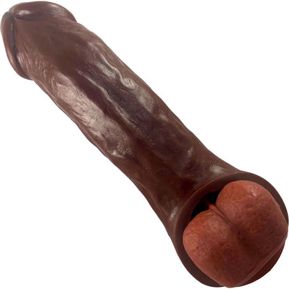 The back of the chocolate Colossus Vixskin Extender Dildo with chocolate dildo inserted.