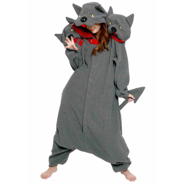 Model wearing Cerberus Kigurumi, holding tail.