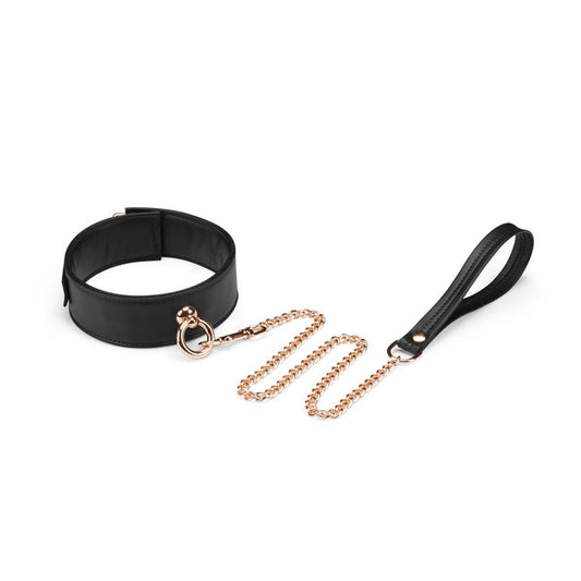 Black Vegan Leather Collar With Chain Leash Overhead View