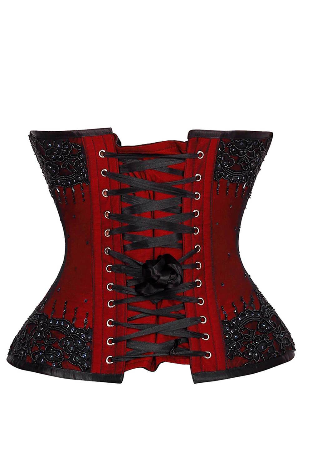 The back of the red and black Beaded Lace Overlay Couture Corset.