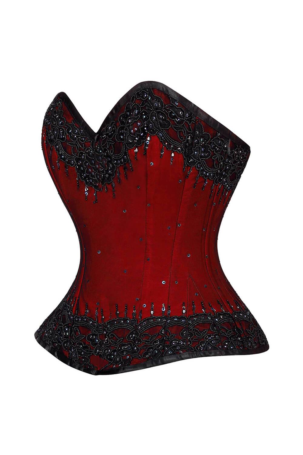 The front and left side of the red and black Beaded Lace Overlay Couture Corset.
