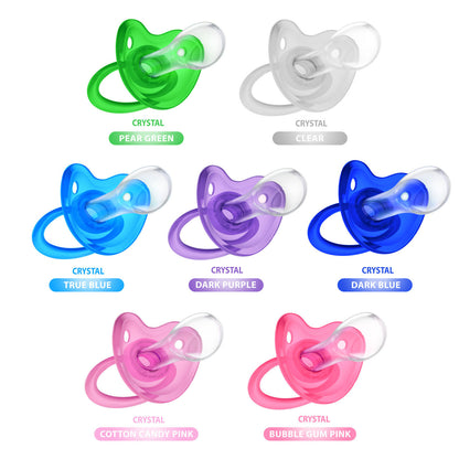 Crystal Fixx - Adult Size 10 Pacifier available color description. Pear green, Clear, True blue, Dark purple, Dark blue, Cotton candy pink and bubblegum pink