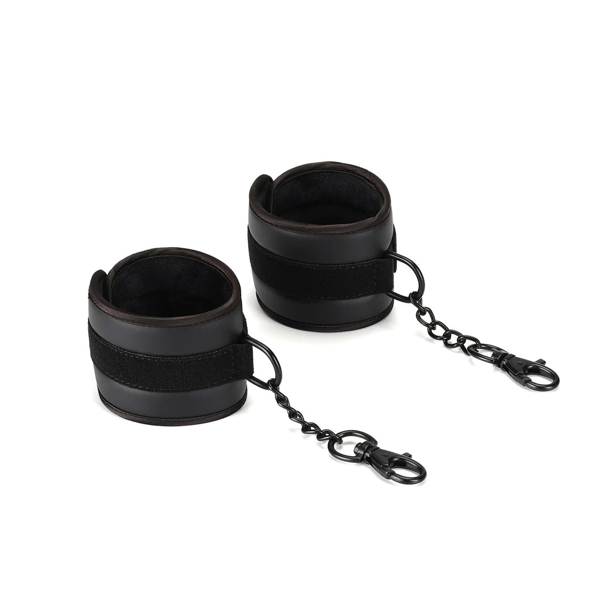 The cuffs and attached chains with clips from the Vegan Fetish Black Neoprene Wrist Collar Restraint Set.