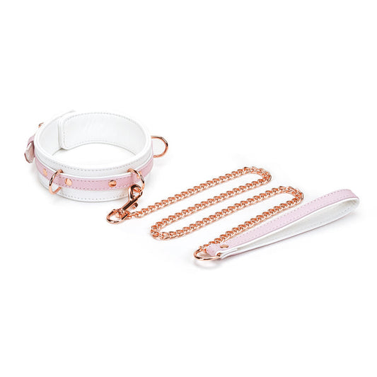 White and Pink Leather Collar with Chain Leash Overhead View
