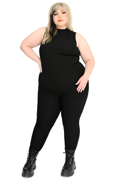 Front view of plus size model wearing signature high neck catsuit