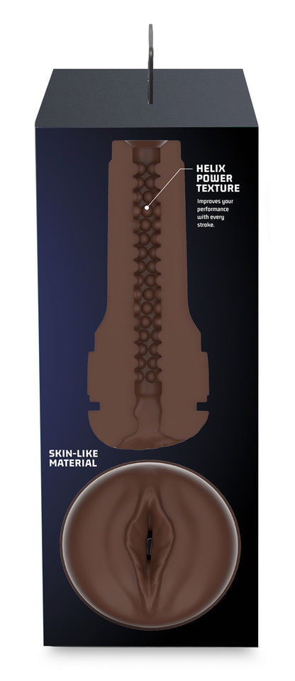 The left side of the packaging which shows a cross cut of the Dark Brown Vagina Kiiroo Feel Stroker.
