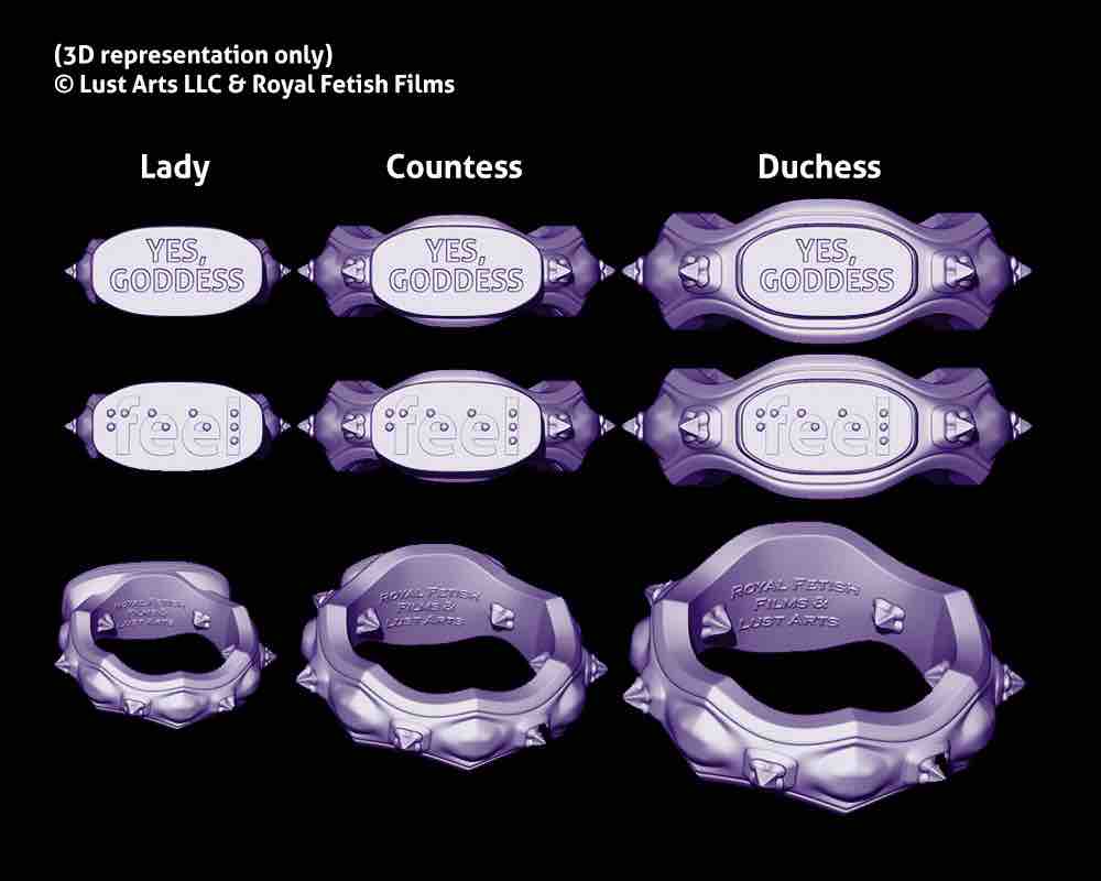 A chart showing the different text and braille messages available for the Royal Fetish FEMDOM Edging Body Bands.