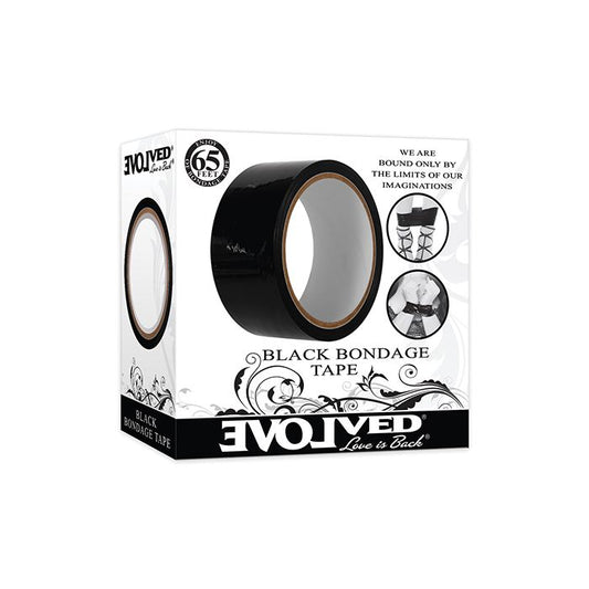 Front of box containing black bondage tape. 
