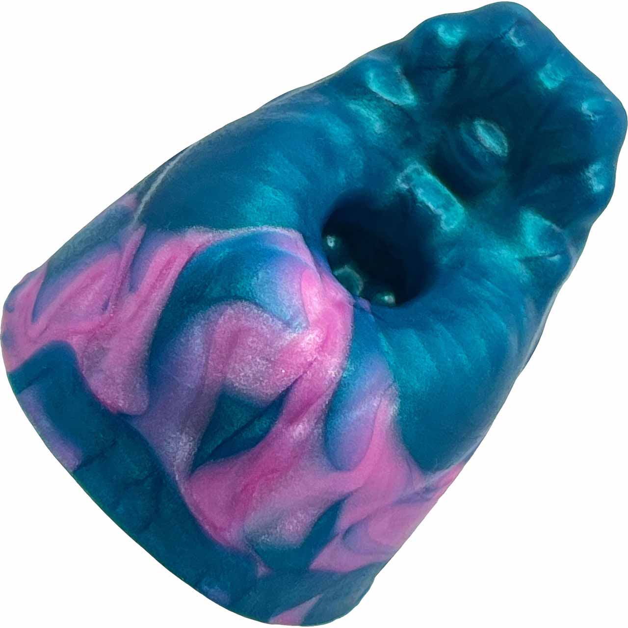 The front of the Pearl Pink & Mermaid Blue Fingo Grinder. 