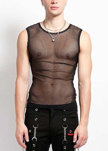 Black Sleeveless Unisex Fishnet Shirt on Male Model Front View