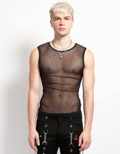 The black Sleeveless Fishnet Muscle Tank on a model wearing black pants, front view.