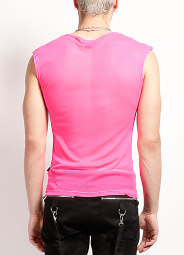 Pink Sleeveless Unisex Fishnet Shirt on Male Model Back View