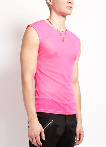 Pink Sleeveless Unisex Fishnet Shirt on Male Model Side View