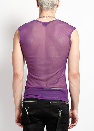 Purple Sleeveless Unisex Fishnet Shirt on Male Model Back View