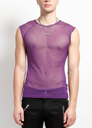 Purple Sleeveless Unisex Fishnet Shirt on Male Model Front View