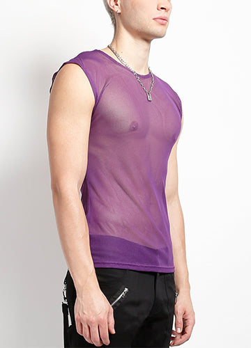 Purple Sleeveless Unisex Fishnet Shirt on Male Model Side View