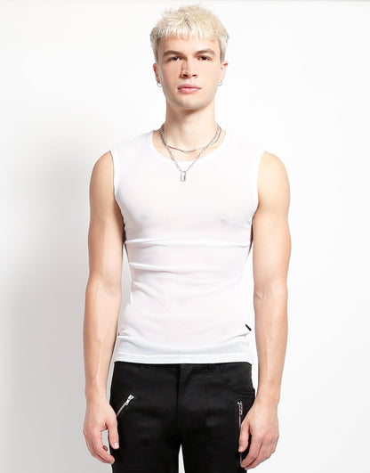 The white Sleeveless Fishnet Muscle Tank on a model wearing black pants, front view.