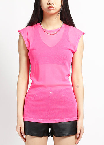 Pink Sleeveless Unisex Fishnet Shirt on Female Model Front View
