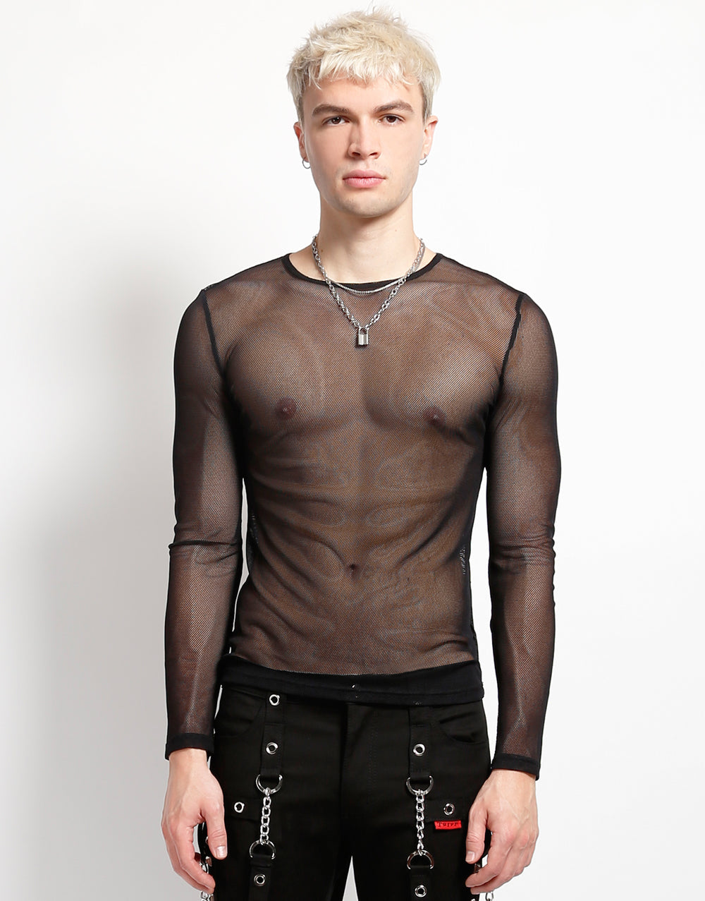 The front of the Long Sleeve Jewel Neck Fishnet Shirt on model.