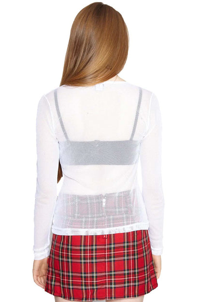 A model wearing the white Long Sleeve Baby Doll Fishnet Shirt with black bra and plaid skirt, rear view.