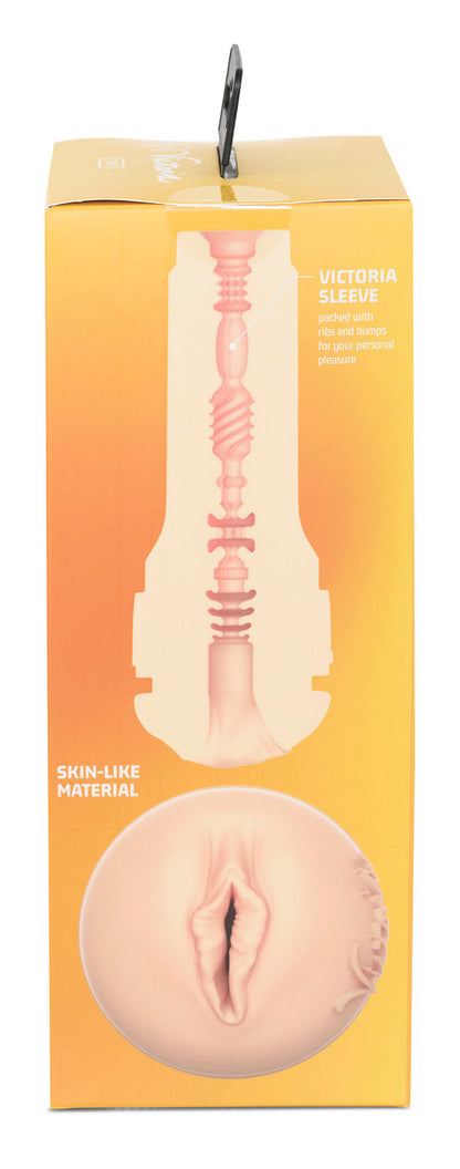 The left side of the packaging which shows a cross cut of the Victoria June Vagina Kiiroo Feel Stroker.
