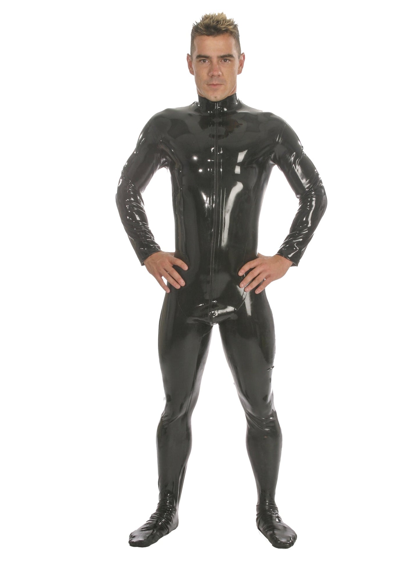 Black Front Zip Latex Catsuit With Feet