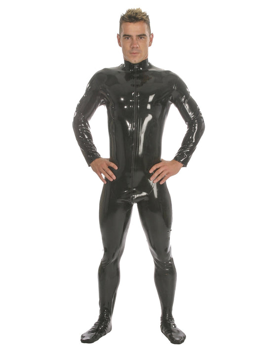 Black Front Zip Latex Catsuit With Feet