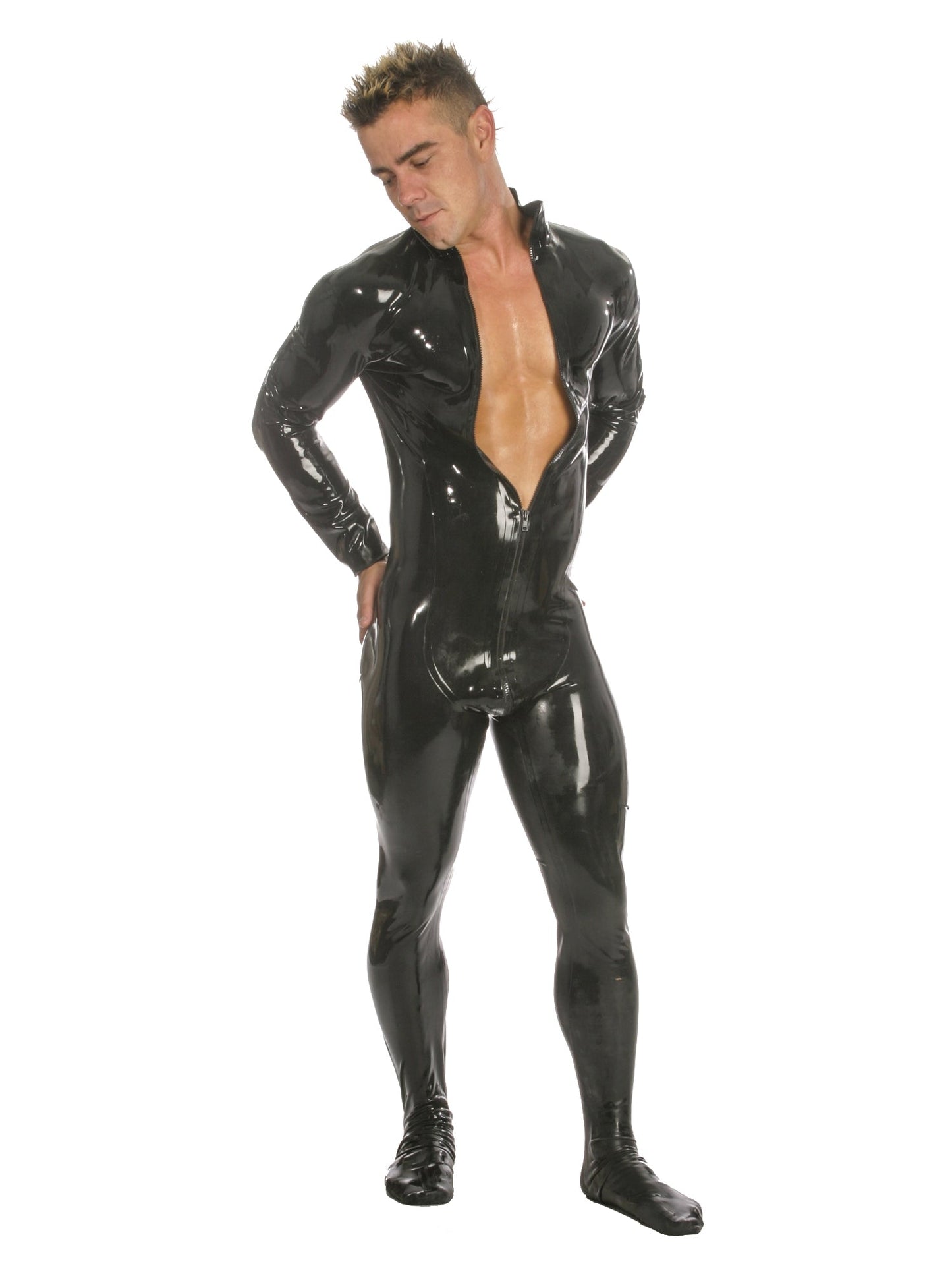 Black Front Zip Latex Catsuit With Feet