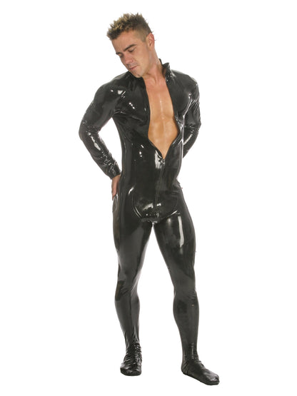 Black Front Zip Latex Catsuit With Feet