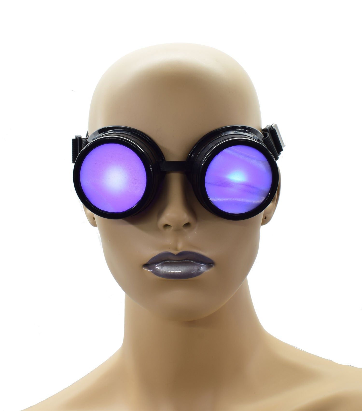 The Aurora Lights Blindfold on a mannequin head with purple lights showing through the goggles, front view.