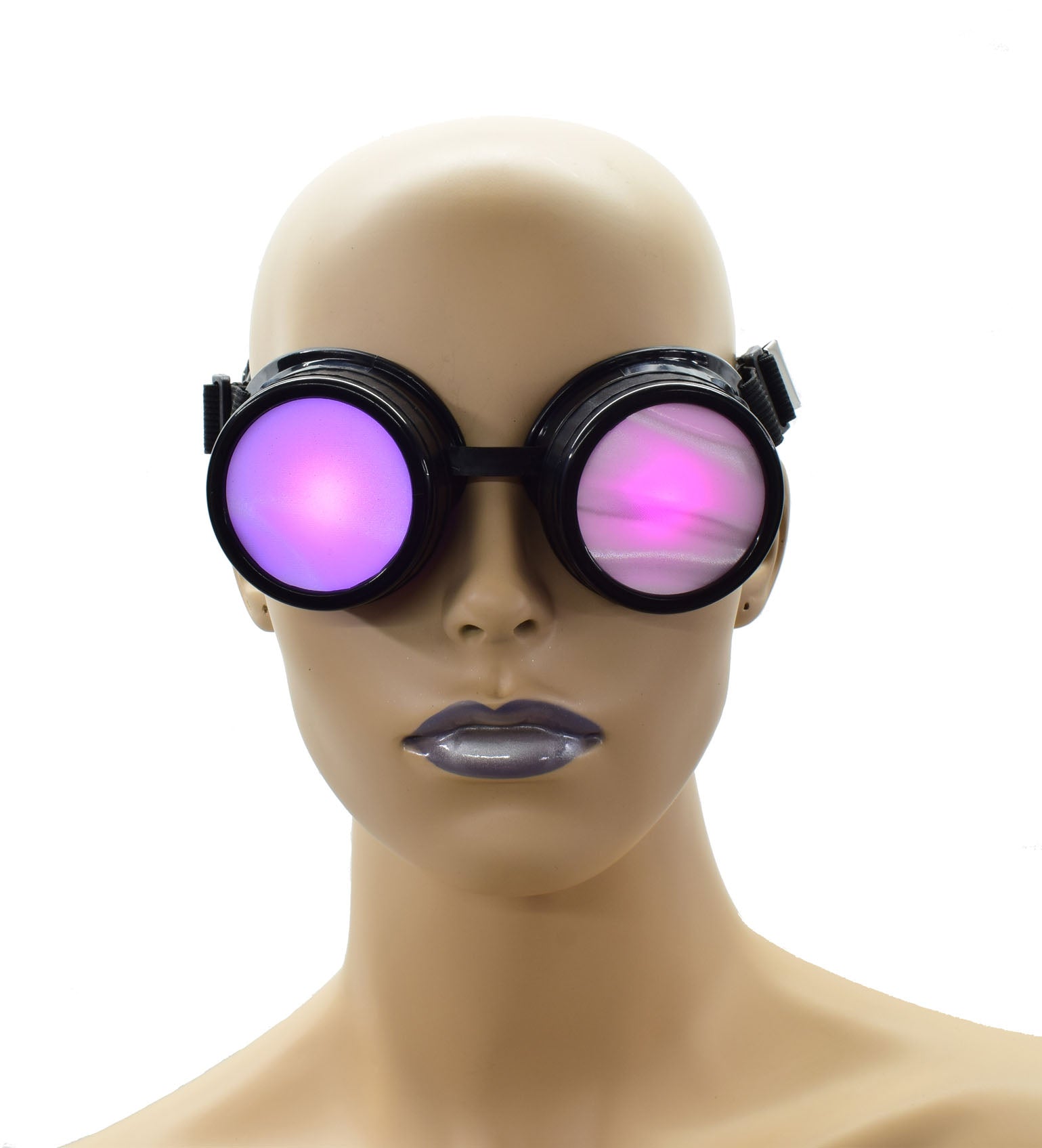 The Aurora Lights Blindfold on a mannequin head with pink lights showing through the goggles, front view.