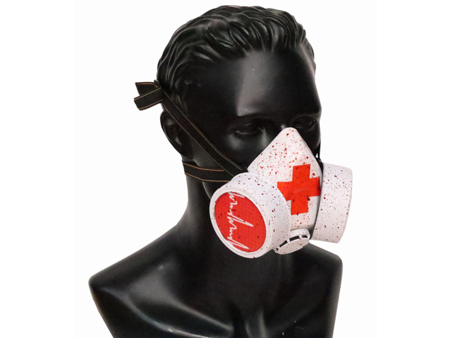 The Thirsty Nurse Half Gas Mask on a black mannequin head, right side view.