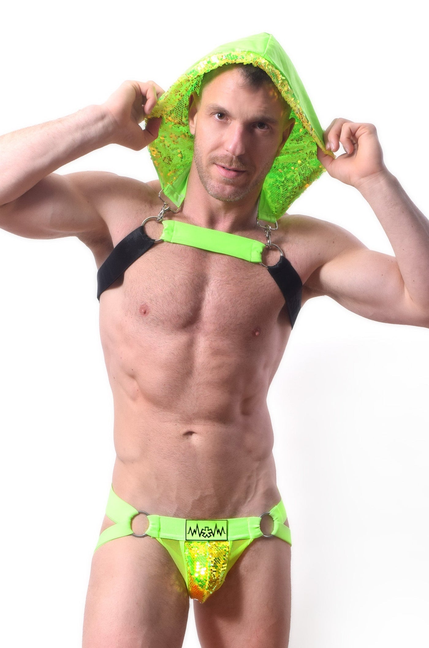 Whoreness Hooded Harness in Neon Green on Model