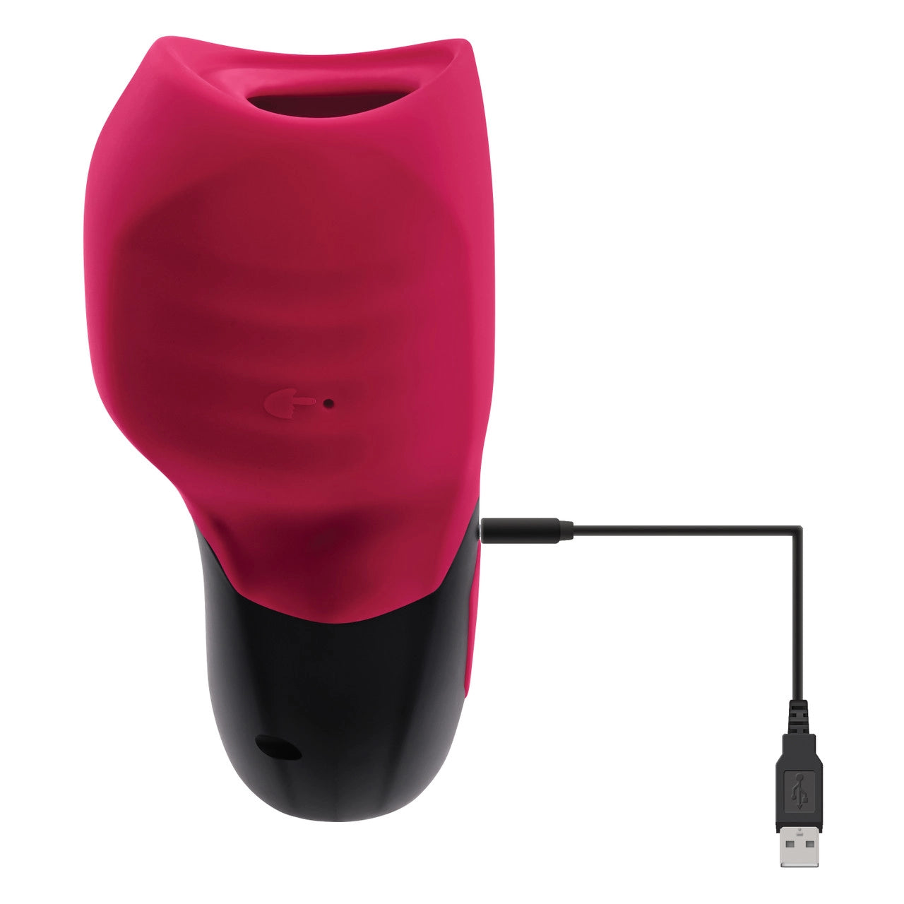 The Body Kisses Vibrating Suction Massager with its charging cable attached. 
