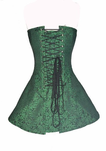 The green brocade Skirted Overbust Corset, rear view.