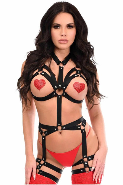 Model wearing the Elastic Bodysuit Harness over red pasties, thong and thigh high stockings, front view.
