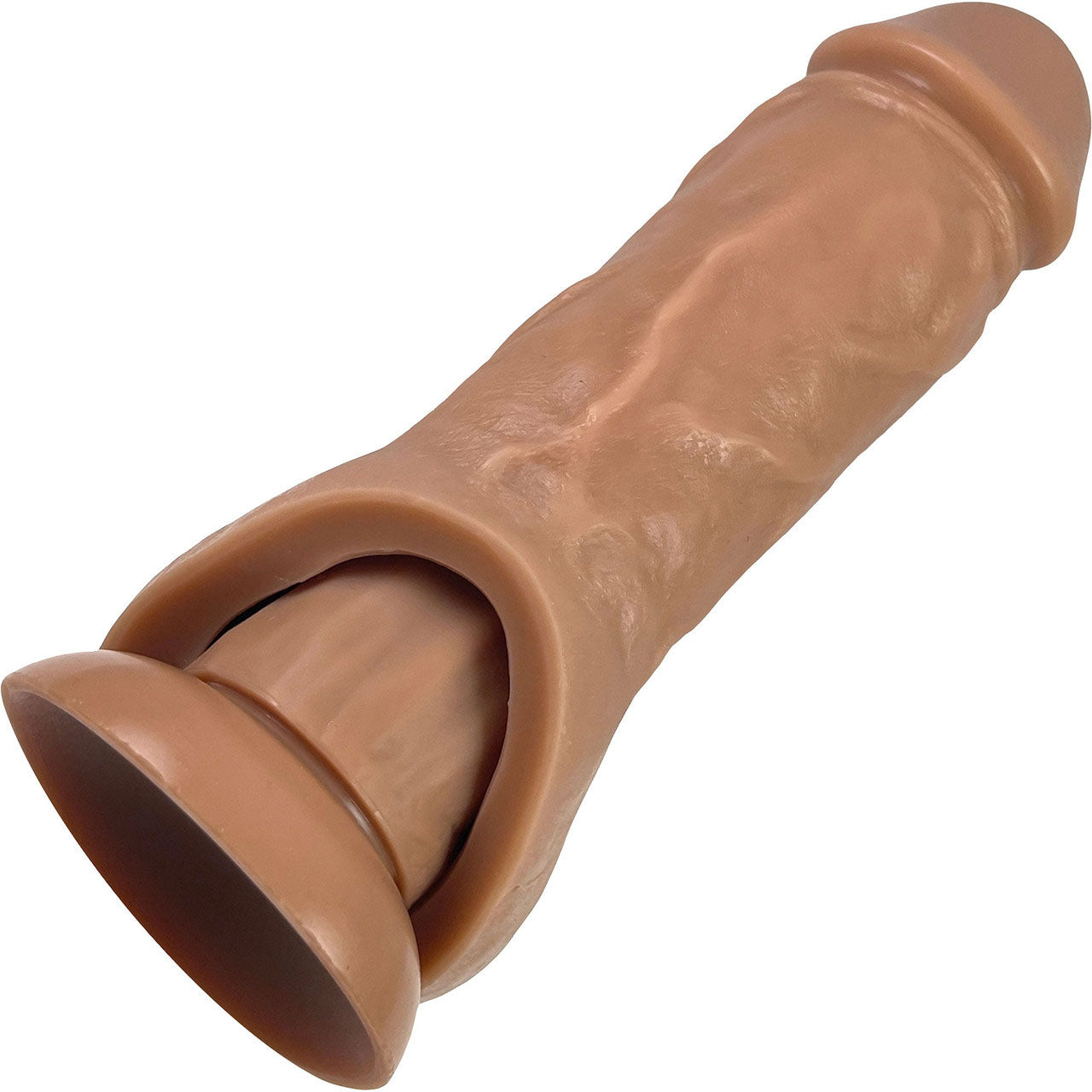 The front of the caramel Holster Vixskin Extender Dildo with a caramel dildo inserted.