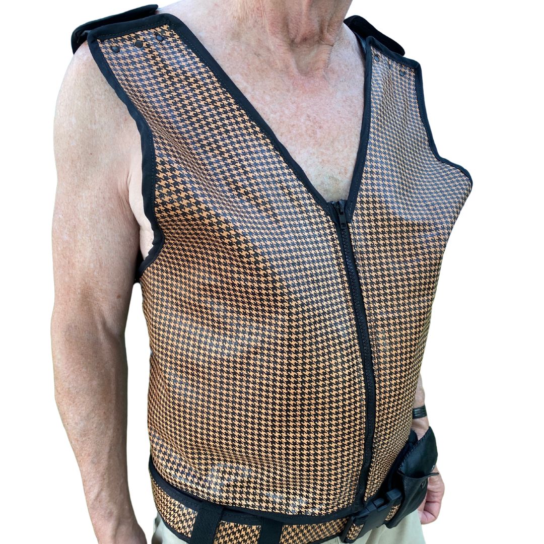 Model wearing Sheepskin houndstooth zip front vest
