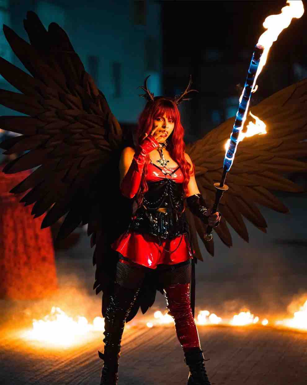 A cosplayer with large black wings and horns wears the Black Patent PVC Longline Underbust Corset - Hourglass over a red pvc dress and holds a burning sword.