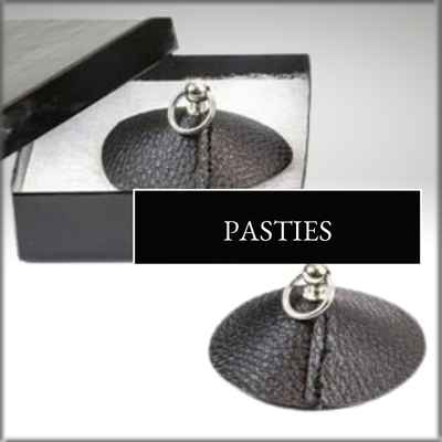 Pair of black leather pasties with center 0-ring, one in black gift box 