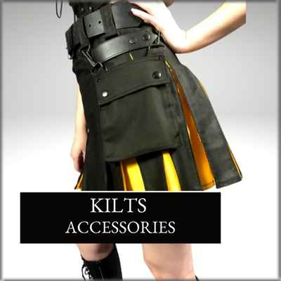 model wearing mini black/yellow kilt with side detachable kilt pouch