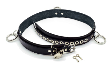 The Locking Leather Bondage Belt with belt holes displayed.