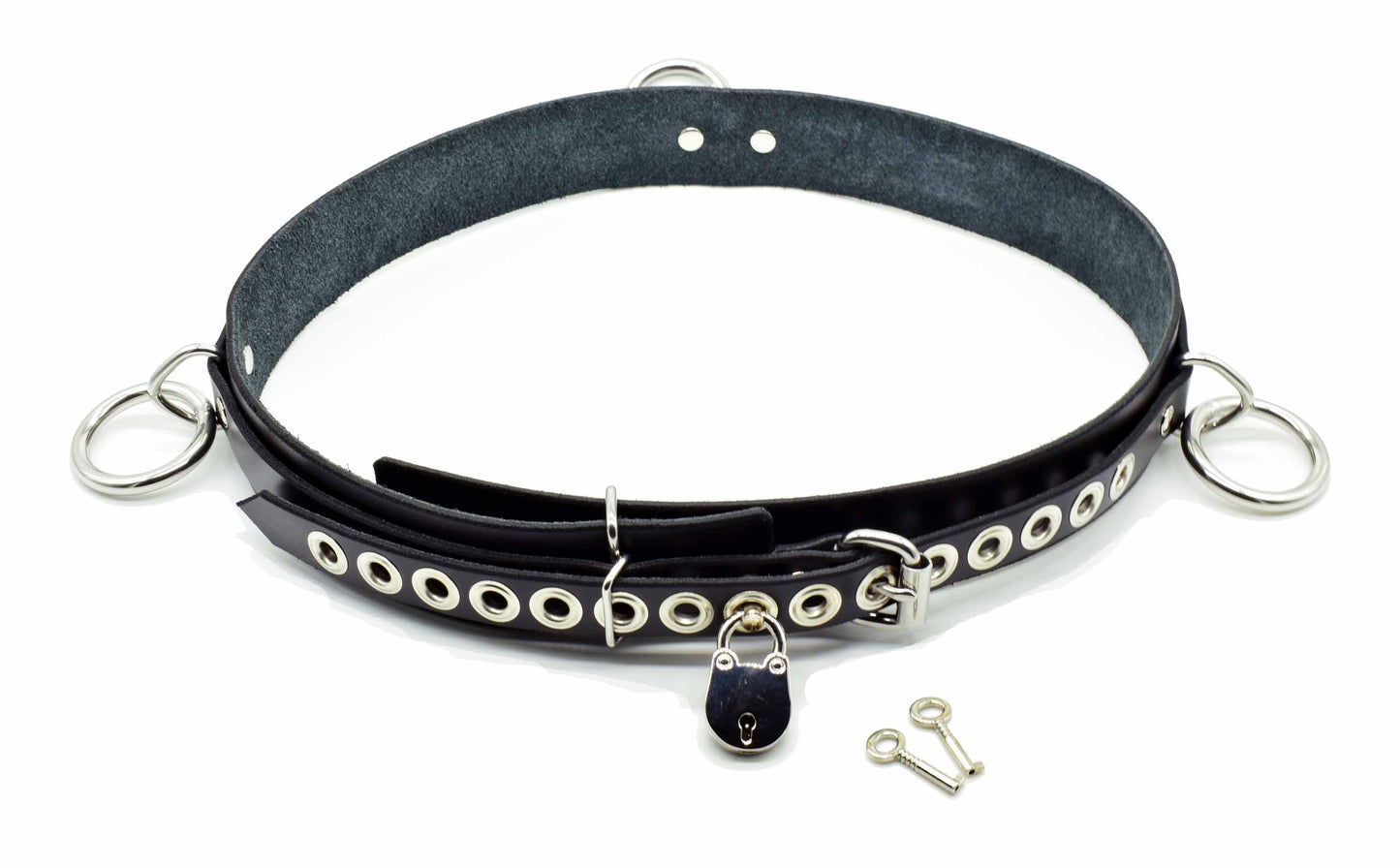 The Locking Leather Bondage Belt buckled with lock attached.